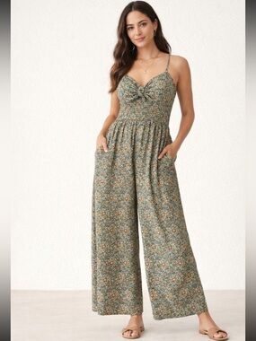 AWW Floral Wide Leg Jumpsuit Smocked Back Pockets Boho Green L